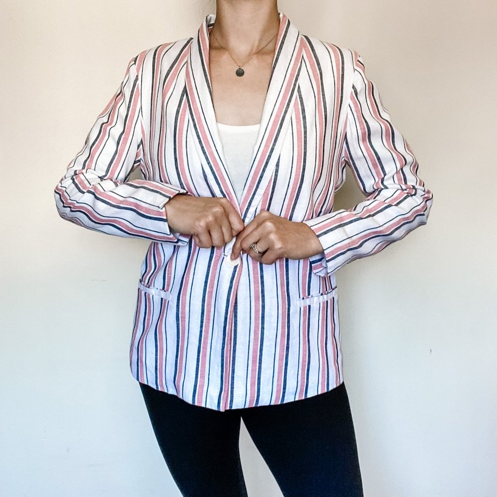 Adrienne Vittadini Pink Black Striped Linen Cotton Blazer size Medium
